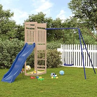 Natural Wood Outdoor Playset with Swing and Slide, Solid Pine Wood Const...