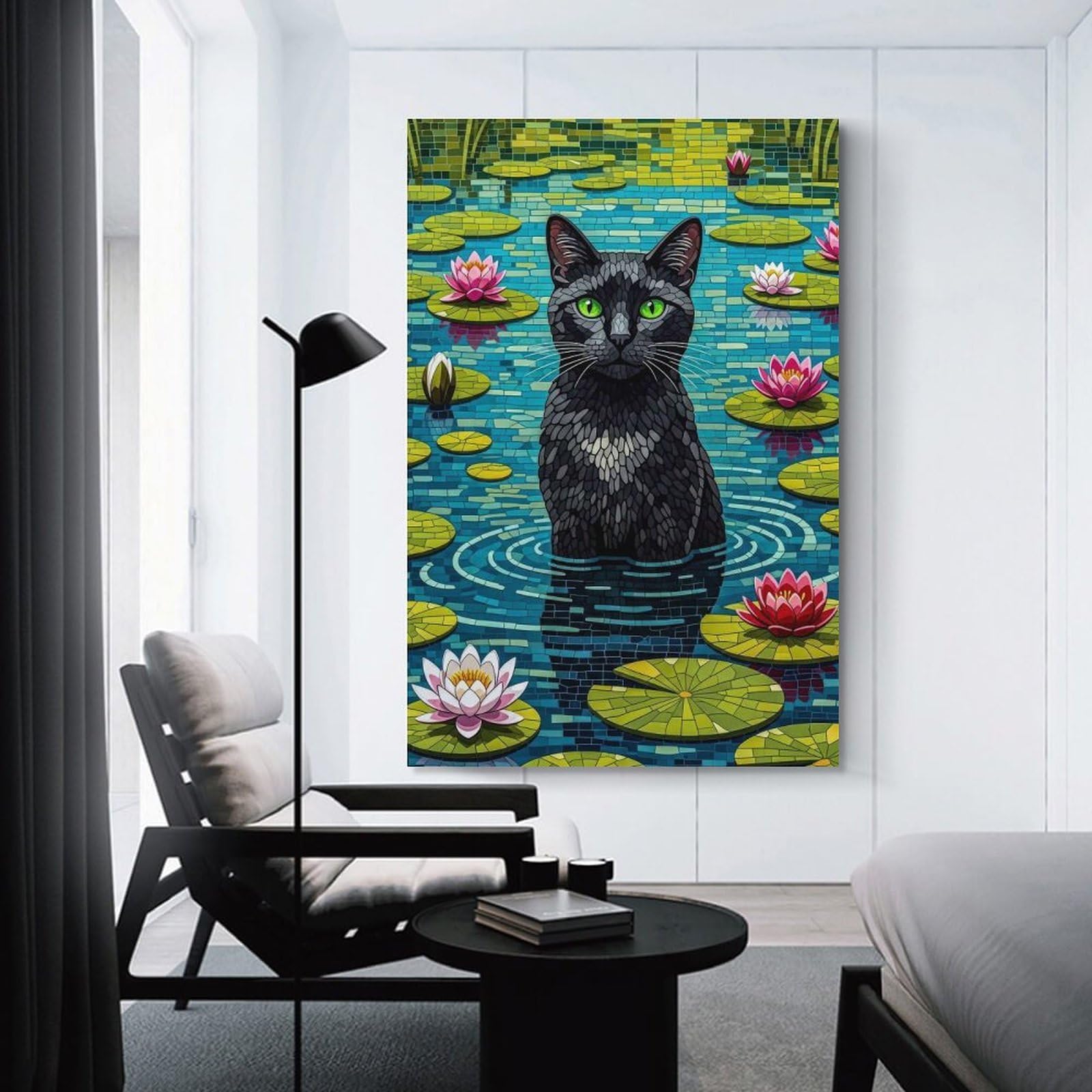 Junmoney Black Cat in Lily Pond Mosaic Canvas Art Print, 24x36inch(60x90cm), for Wall Displays, Bedrooms Or Room Updates, Home Wall Art for Statement Displays