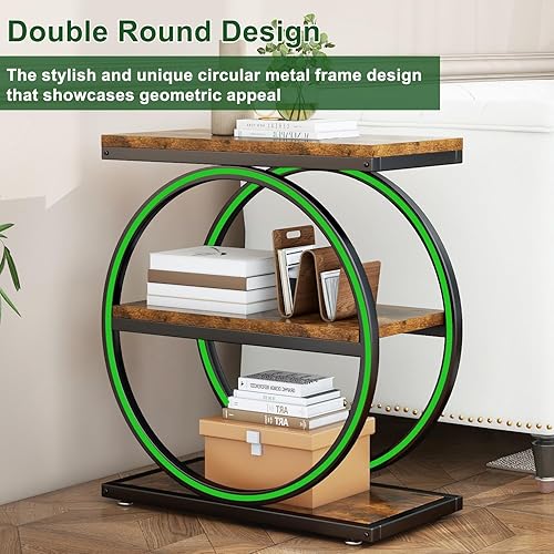 Miniatura 4 de IBUYKE Mesa auxiliar estrecha con 3 estantes de almacenamiento, mesa auxiliar de sofá industrial, marcos de metal redondos dobles, mesita de noche