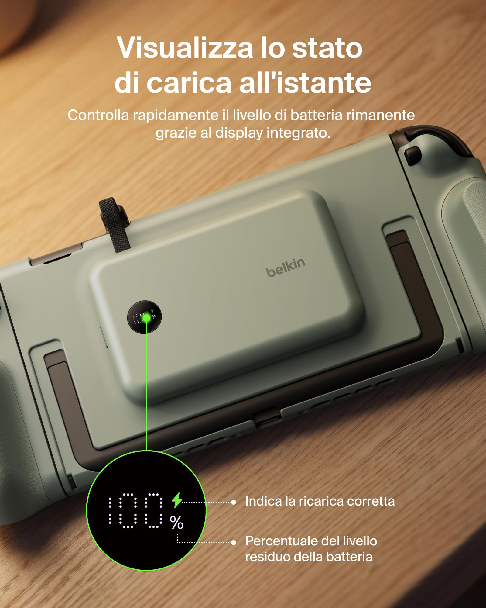 Belkin Gaming Impugnatura Ricarica Nintendo Switch 2, Power bank 10K, Verde | Caricatore Portatile 10000mAh, 30W, Caricatore Magnetico, Compatibilità Supporto, Maniglia Antiscivolo Ergonomica, Display