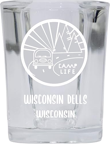 Wisconsin Dells Wisconsin souvenir grabado con láser 2 onzas base cuadrada licor Shot Glass Camp Life Design