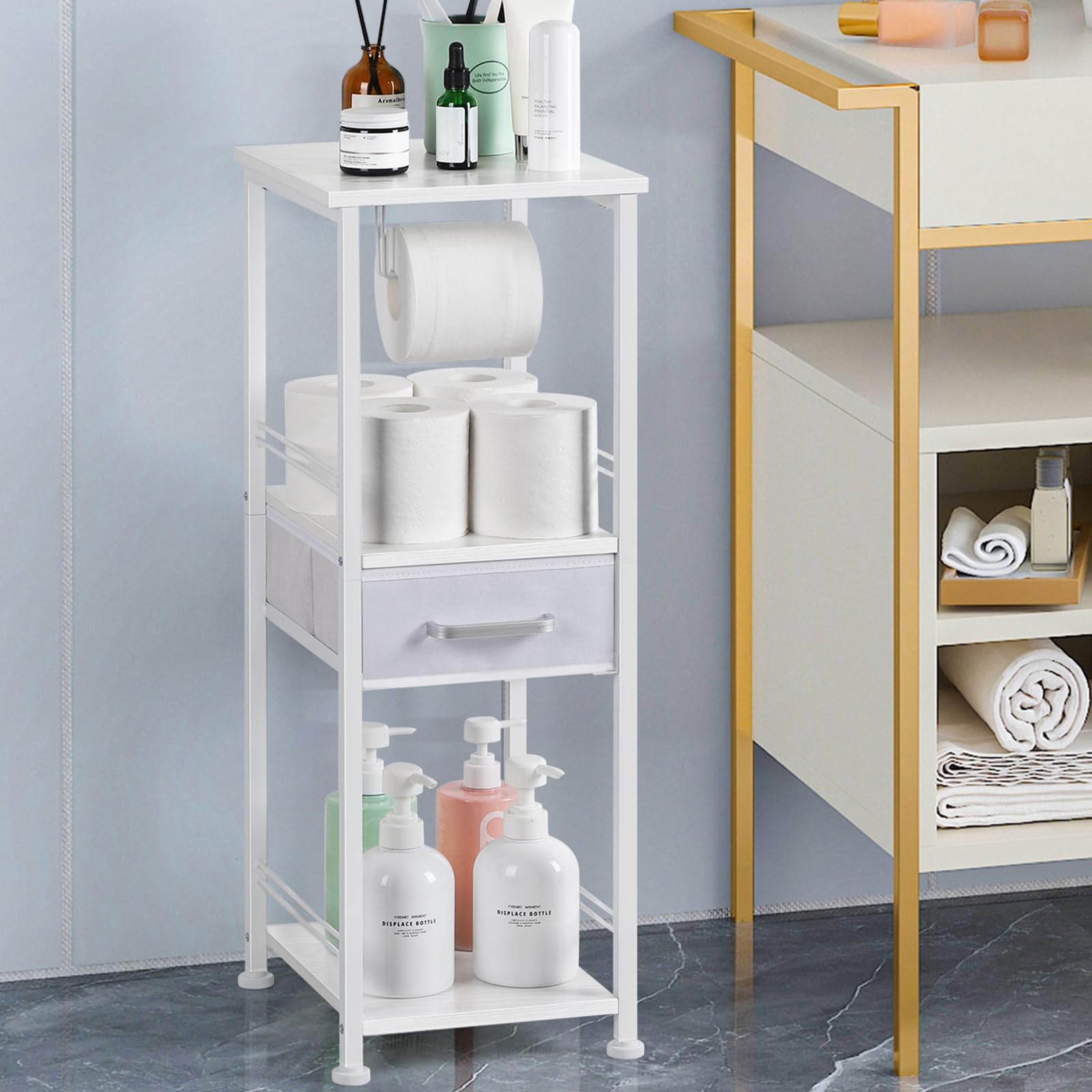 White Toilet Paper Storage Cabinet Small Bathroom Storage Shelves with Toilet Paper Holder 3 Tier Bathroom Storage Organizer with Drawer for Small Space, White