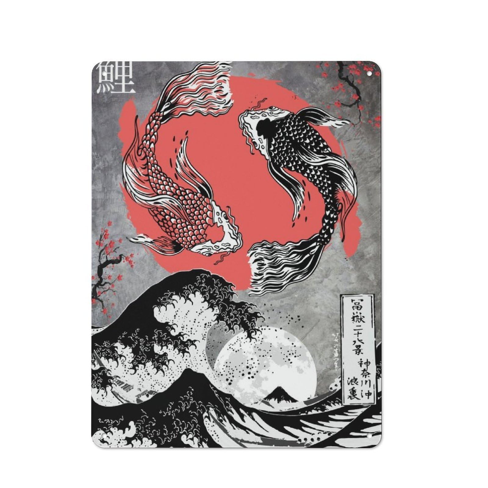 Junmoney Yin Yang Koi Fish Metal Plaque 40X30cm With For Workshop Wall, Retro Decor, For Garage, Workshop And Man Cave Decoration