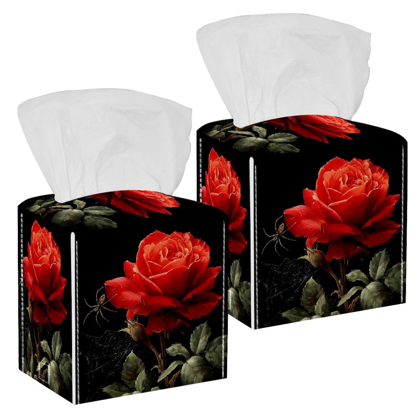 Rose and Spider Tissue Box Cover, 2 Pack PU Leather Square Facial Tissue Dispenser Box holder for Home Office Car