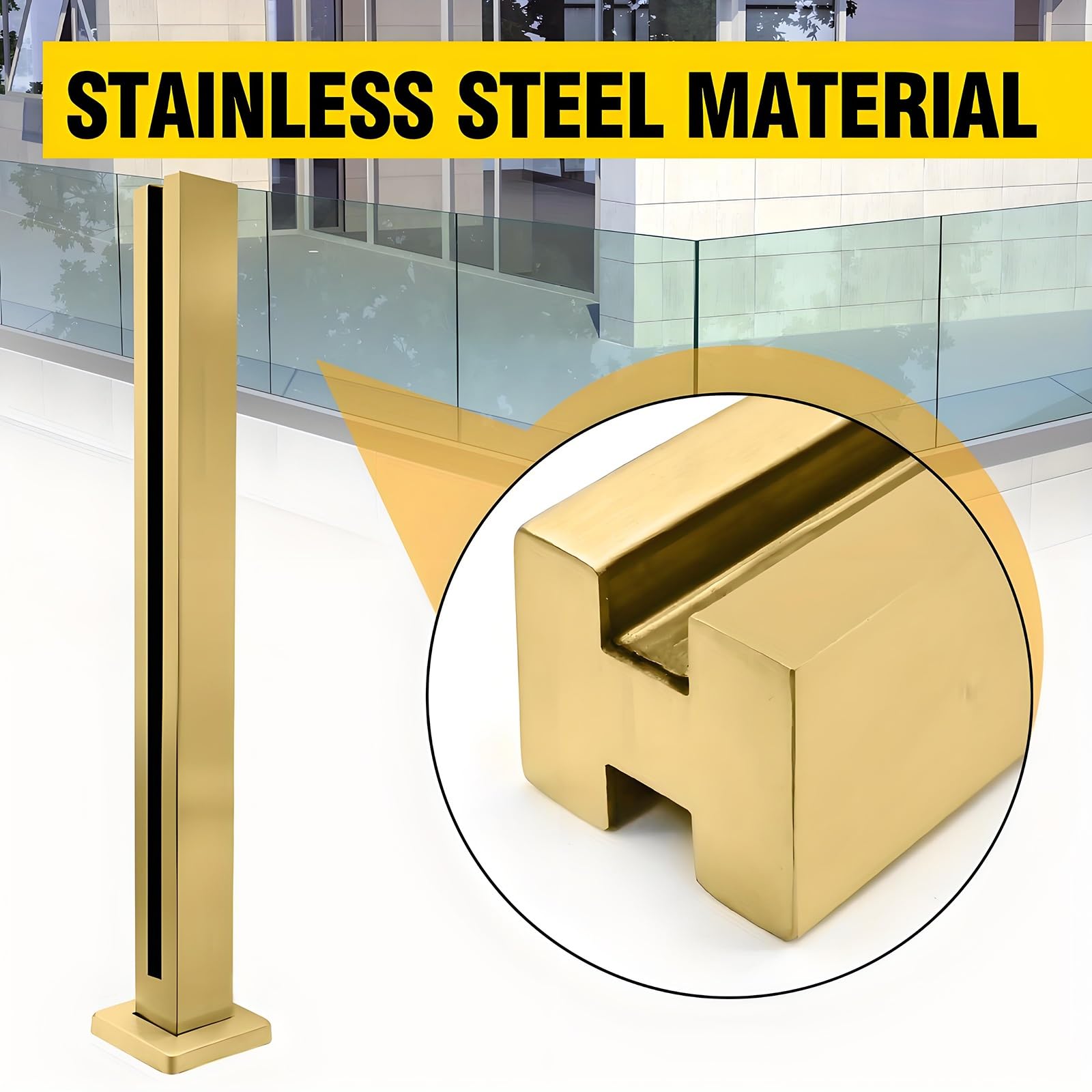 Zestaw szklanych balustrad do wnętrz/na zewnątrz, stal nierdzewna, 304, słupki z akcesoriami, wysokość 100 cm, eleganckie złote wykończenie, idealne na tarasy i patio