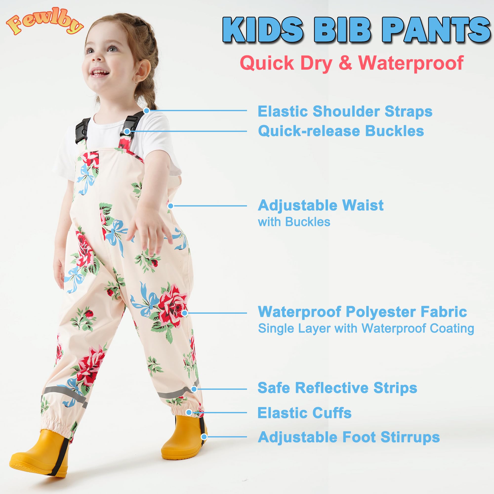 Fewlby Kinder Regenhosen Matschhose, Mädchen Wasserdichte Hosen Jungen Regenlatzhose Wind- und wasserdichte Regenträgerhose mit Fußschlaufen Wiederverwendbar Outdoor Regenbekleidung