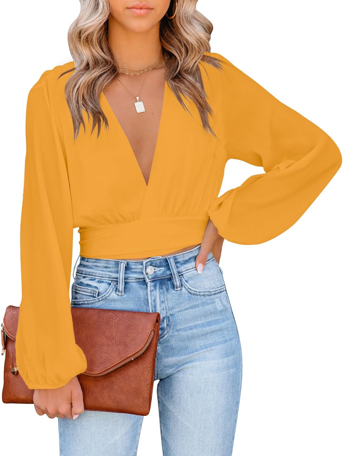 LYANER Women's Deep V Neck Long Sleeve Tie Front Knot Sexy Wrap Crop Top Blouse - Image 3