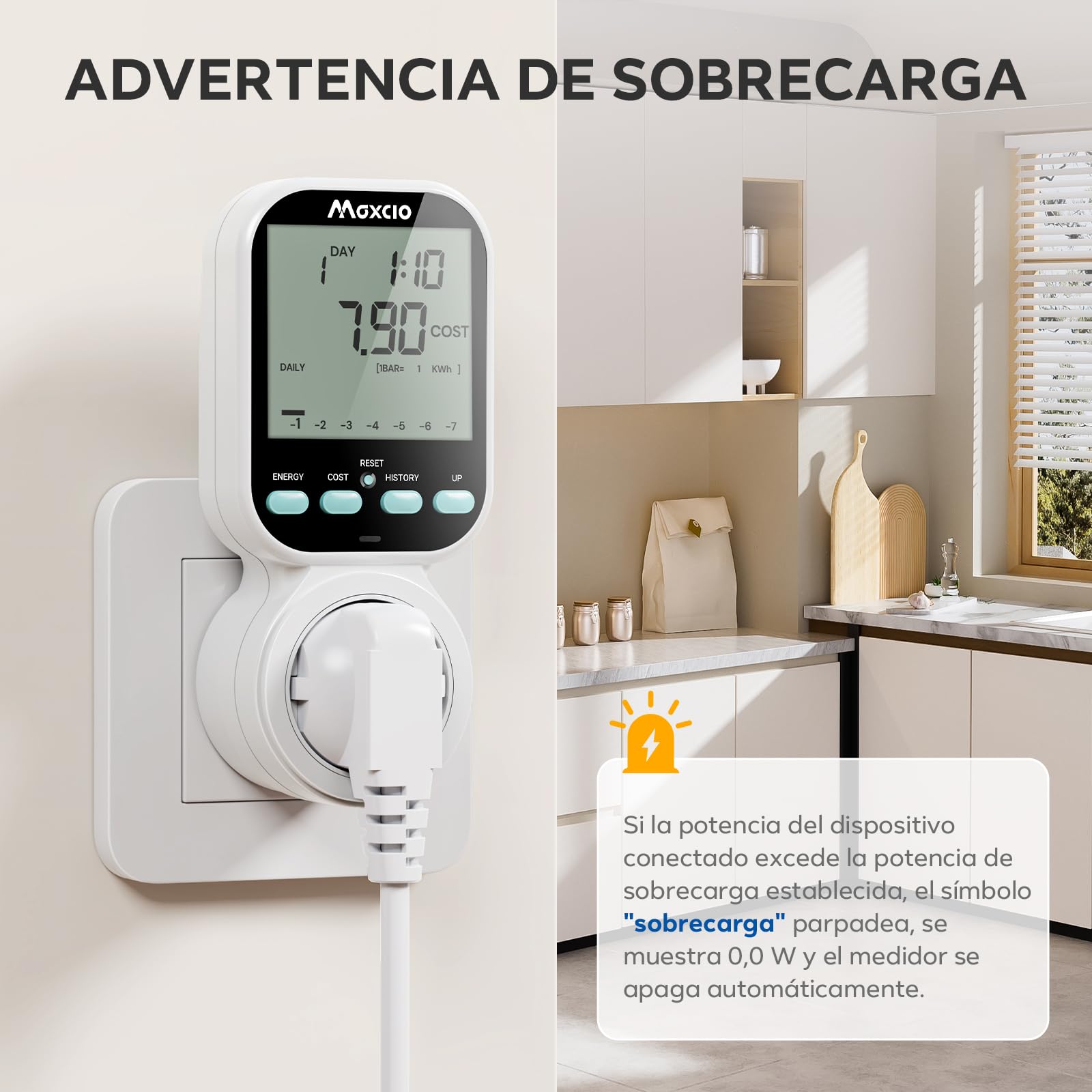 Maxcio Medidor de Consumo de Energía, enchufe de ahorro energético con pantalla LCD retroiluminada, 7 Modos Medidor de Consumo Electrico con Protección contra Sobrecarga, Nuevo Estilo