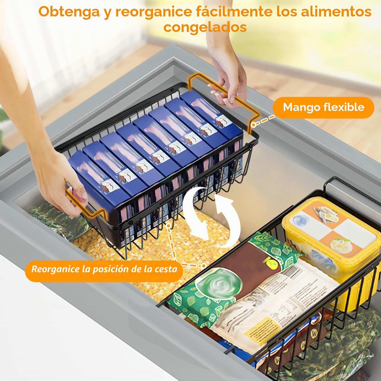 2 Negro Cesta para Congelador Extensible, Organizador Arcon Congelador Extensible Longitud 39.5cm a 59.5cm, Apilable Organizador Nevera con Asas Plegable y Fondo Antideslizante para 141 a 198L