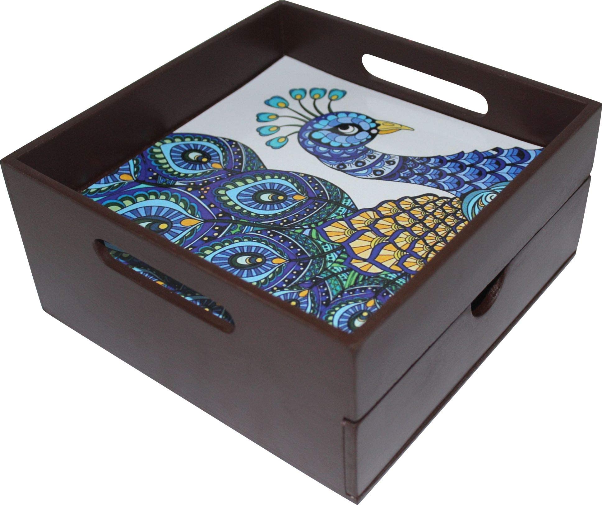Enigmatic Woodworks Wooden Tray with Drawer | Elegant Brown Peacock Design | Cutlery & Tea Sachet Organizer | 20X20X9 cm – Perfect for Dining & Kitchen Storage