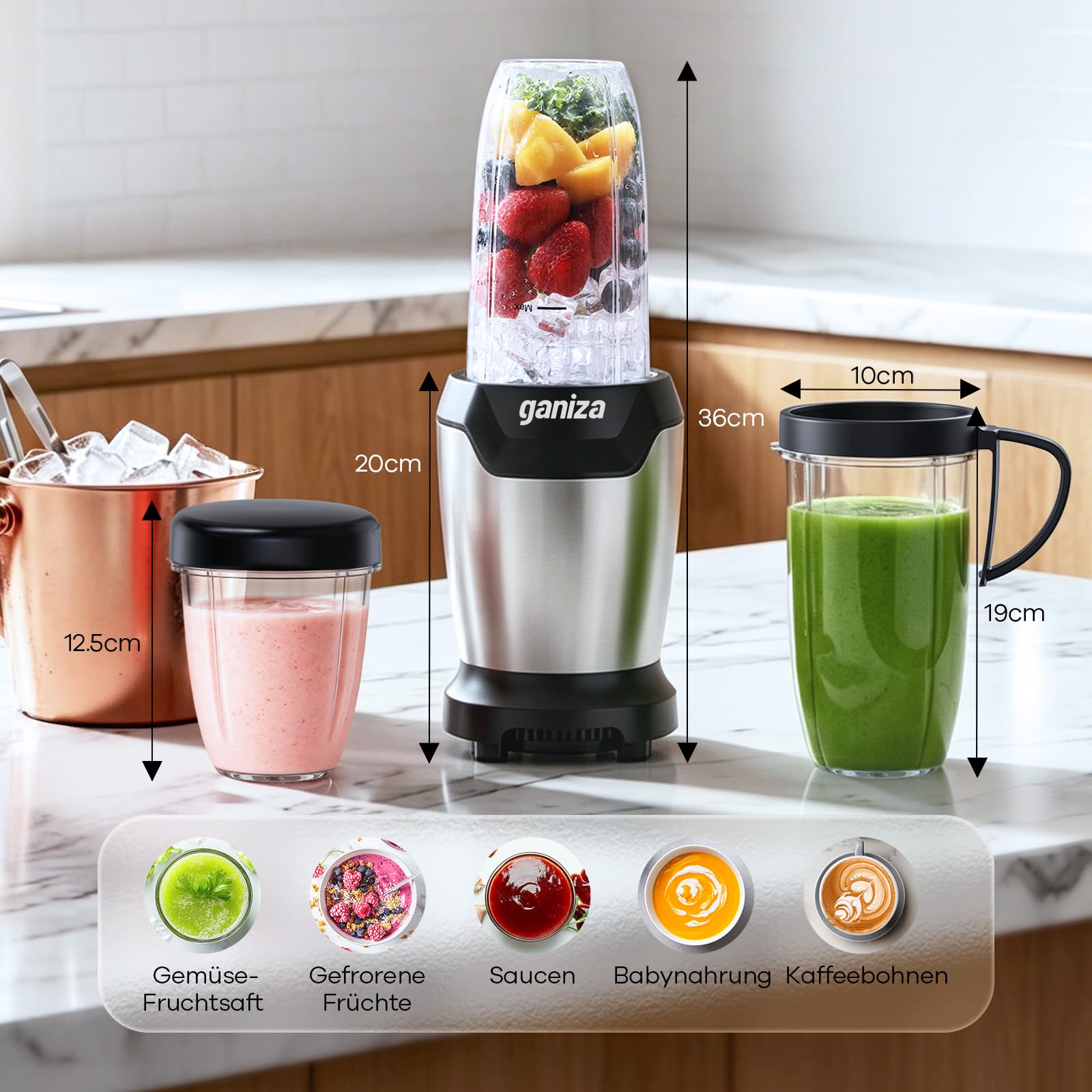 Ganiza Mixer, 1300W Smoothie Maker, Standmixer mit 3 Tragbare Mixbechern(2×1100ml & 1×660ml), Sechsklinge aus Edelstahl, BPA-Frei, Leicht zu Reinigen, Blender elektrisch für Milchshakes, Eis-Crush