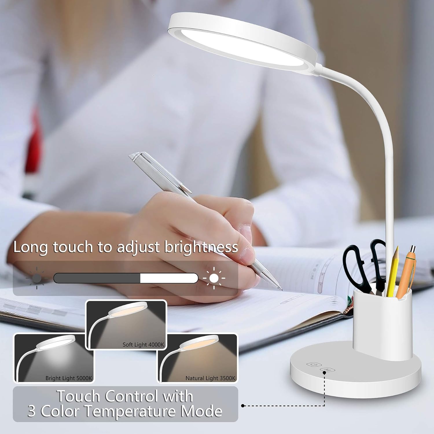 comzler Rechargeable LED Desk Lamp, Touch Control Table Lamps with Flexible Gooseneck, Pen Holder, Memory Function, Dimmable Reading Table Lamp with 3 Color Temperature Mode（Battery Included）