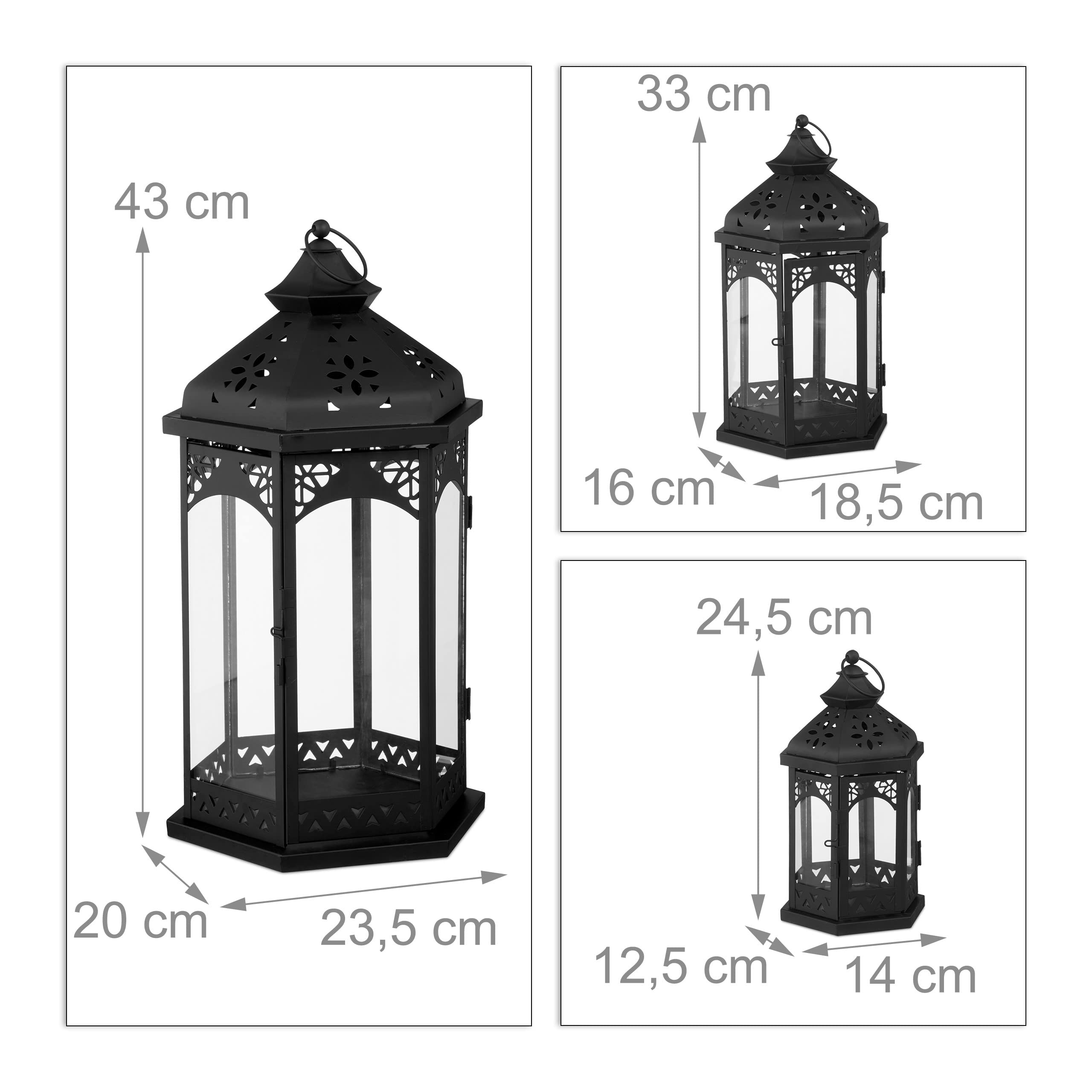 Relaxdays 3er Laternen Set, Deko Laternen für draußen & drinnen, 3 Größen, vintage, Retro Windlicht für Kerzen, schwarz