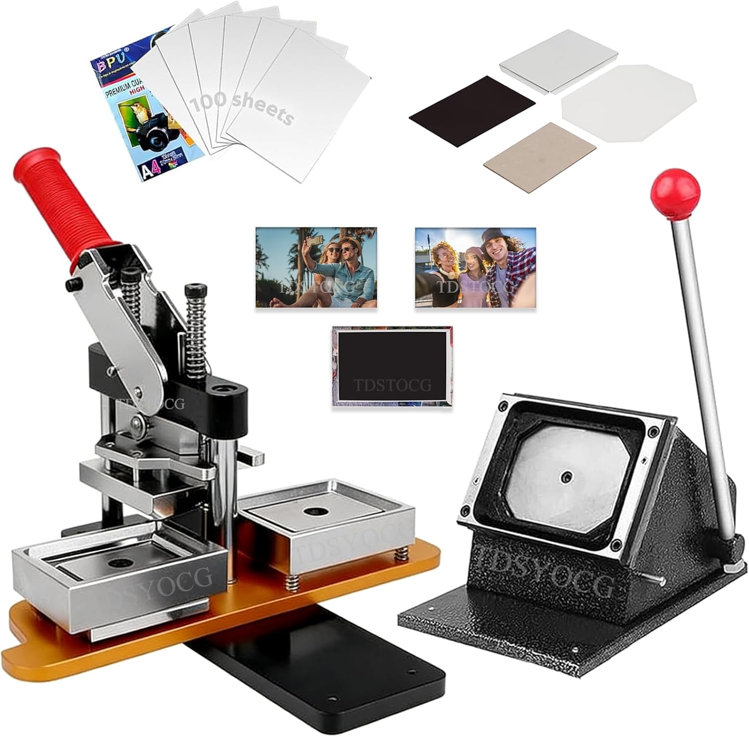 2x2/2x3/2.5x2.5/2.5x3.5 in Professional Refrigerator Magnet Making Machine Kit, DIY Photo Refrigerator Sticker Badge Press Machine with Paper Cutter, 100 Sets Supplies, 100 Sheets Photo Paper