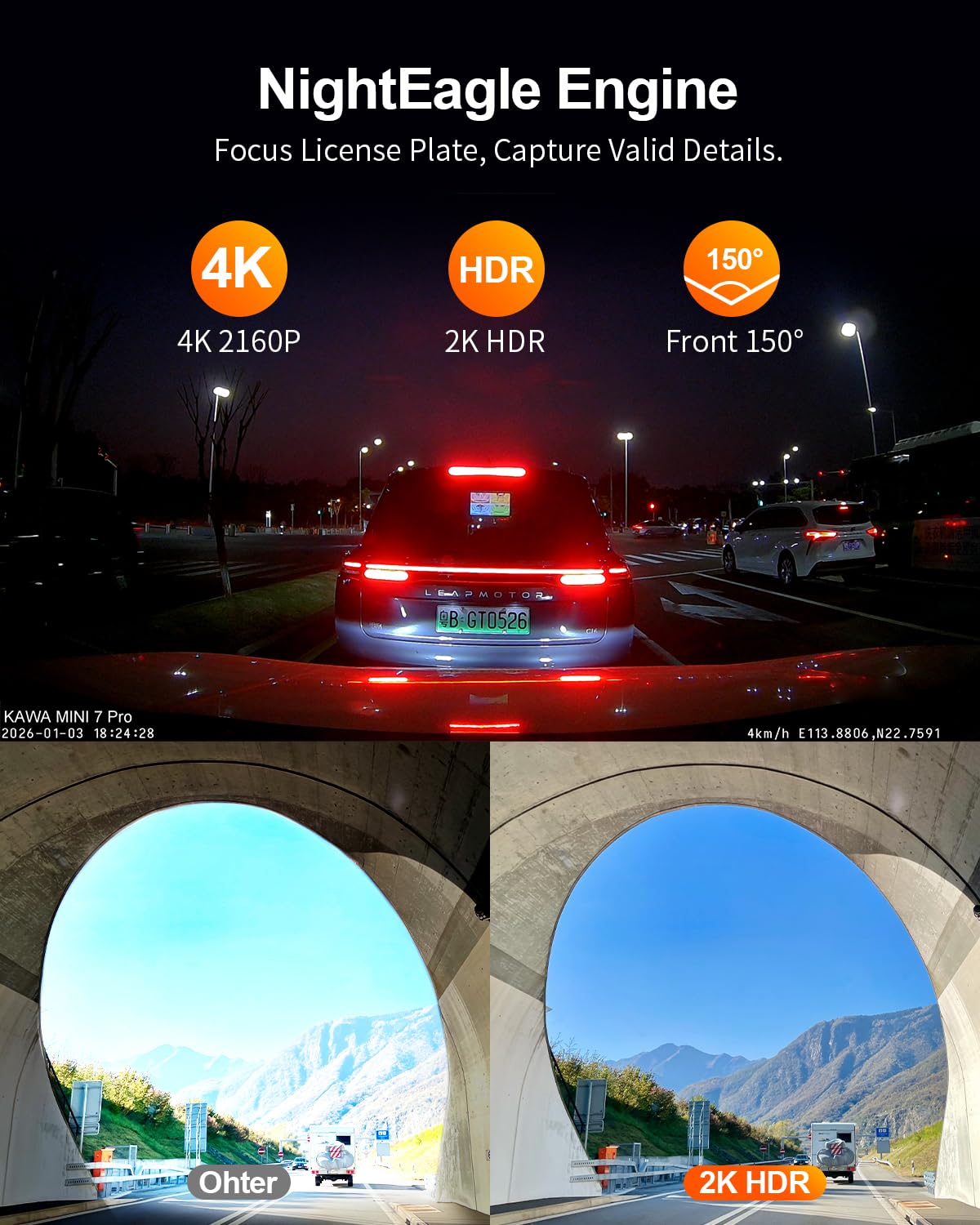 KAWA 4K Mini Dash Cam anteriore, controllo vocale, schermo stealth, fotocamera auto 2K HDR NightEagle Engine, Wi-Fi 6 e GPS integrati, modalità parcheggio in buffer 24/7, supporto 256GB Max