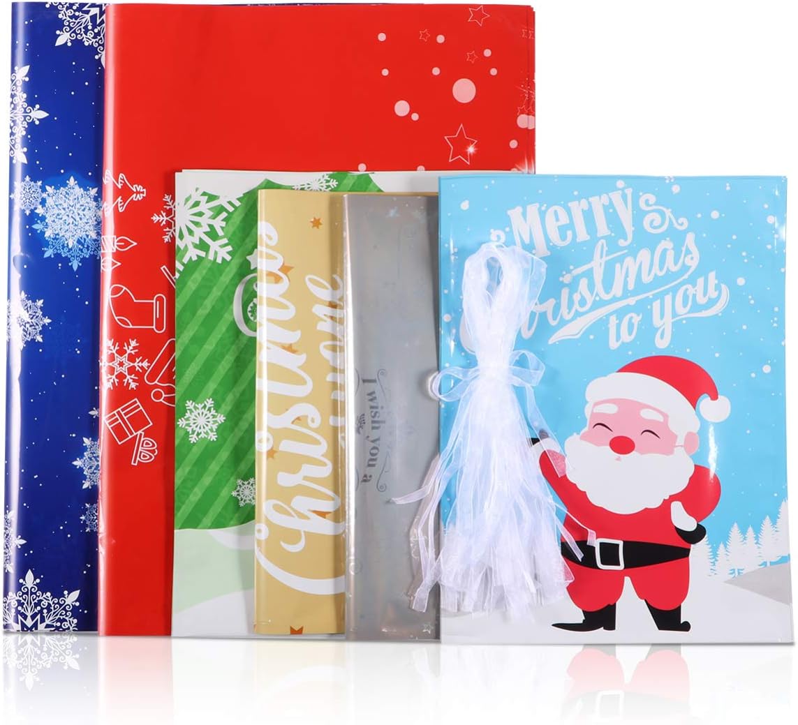 30pcs Christmas Gift Bags Holiday Treats Bags Gift Wrapping Bags Christmas Party Favor Goody Bags with 30pcs Ribbon Ties