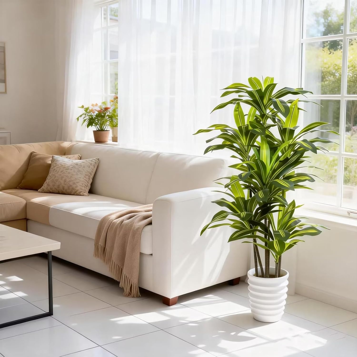 Dracaena Artificial Plant Indoor 5FT - Tall Faux Floor Plant in Pot - Large Tropical Fake Tree with Lifelike Leaves - Artificial Dracaena Tree for Home Office Living Room Decor
