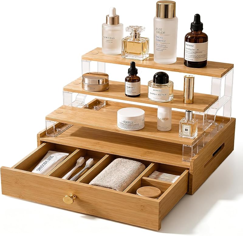 Organizador de perfumes junyuan em bambu com gaveta e prateleira de 3 níveis