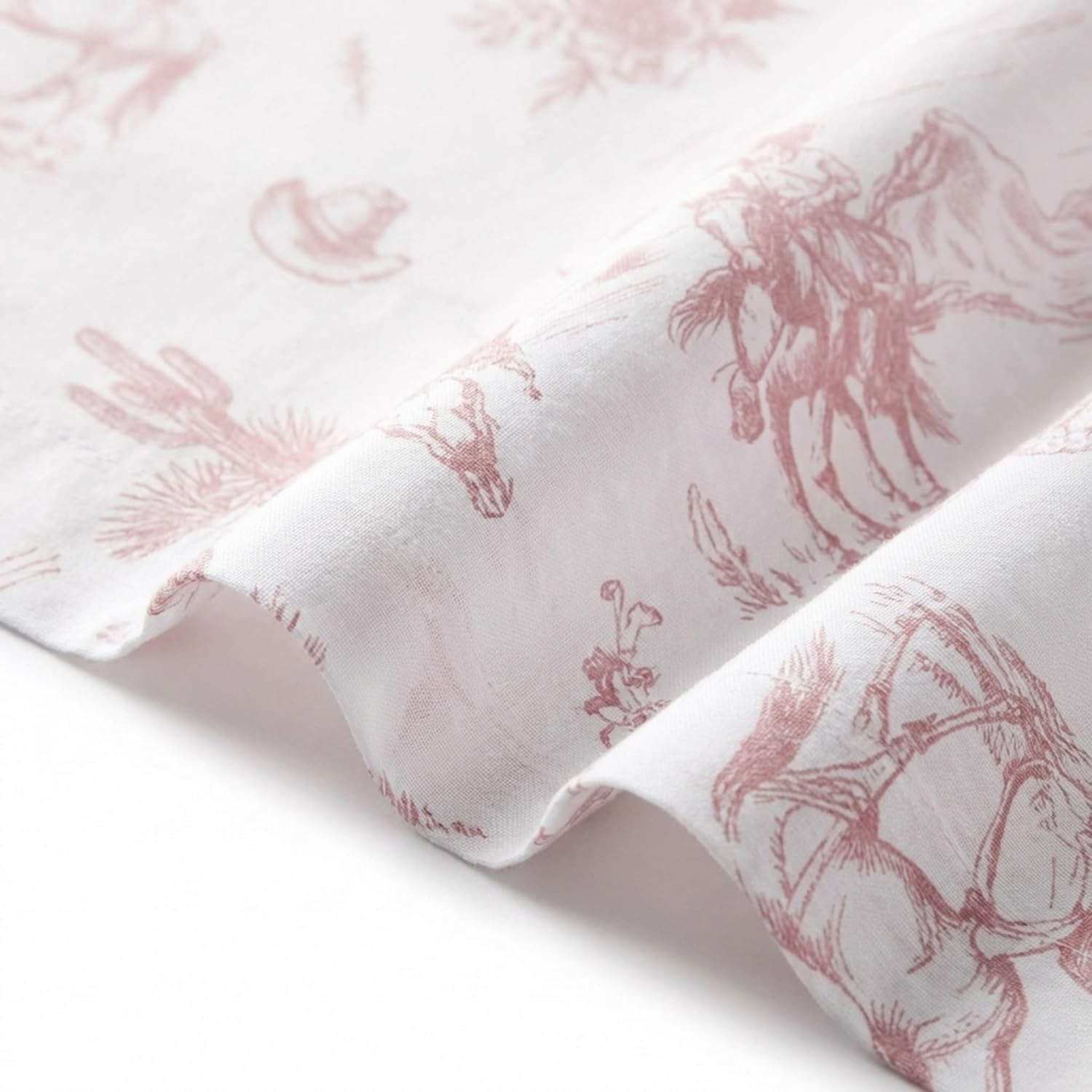 Rod's True Western Dusty Rose Cowgirl Toile Queen Sheet Set, 4 Piece Cotton Western Bedding, Pink and White, Deep Pocket