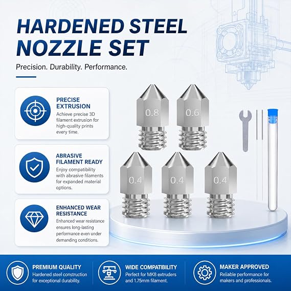 5-Pack Hardened Steel Nozzle Set for MK8 Extruder