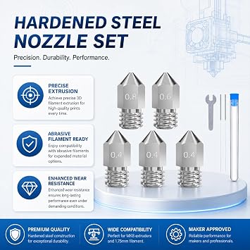 5-Pack Hardened Steel Nozzle Set for MK8 Extruder