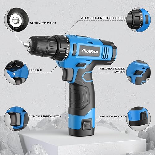 Miniatura 4 de PULITUO Juego de herramientas, juego de taladro para el hogar de 148 piezas con taladro inalámbrico azul de 12 V, kits de herramientas manuales y
