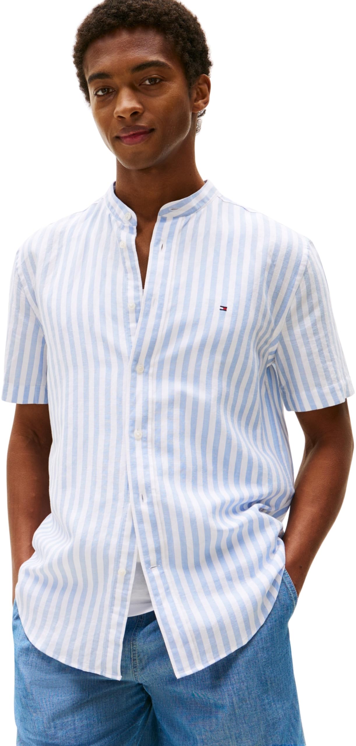 Tommy Hilfiger Men's Linen Blend Grandad Collar Shirt, Multicolor (Breezy Blue/White), L