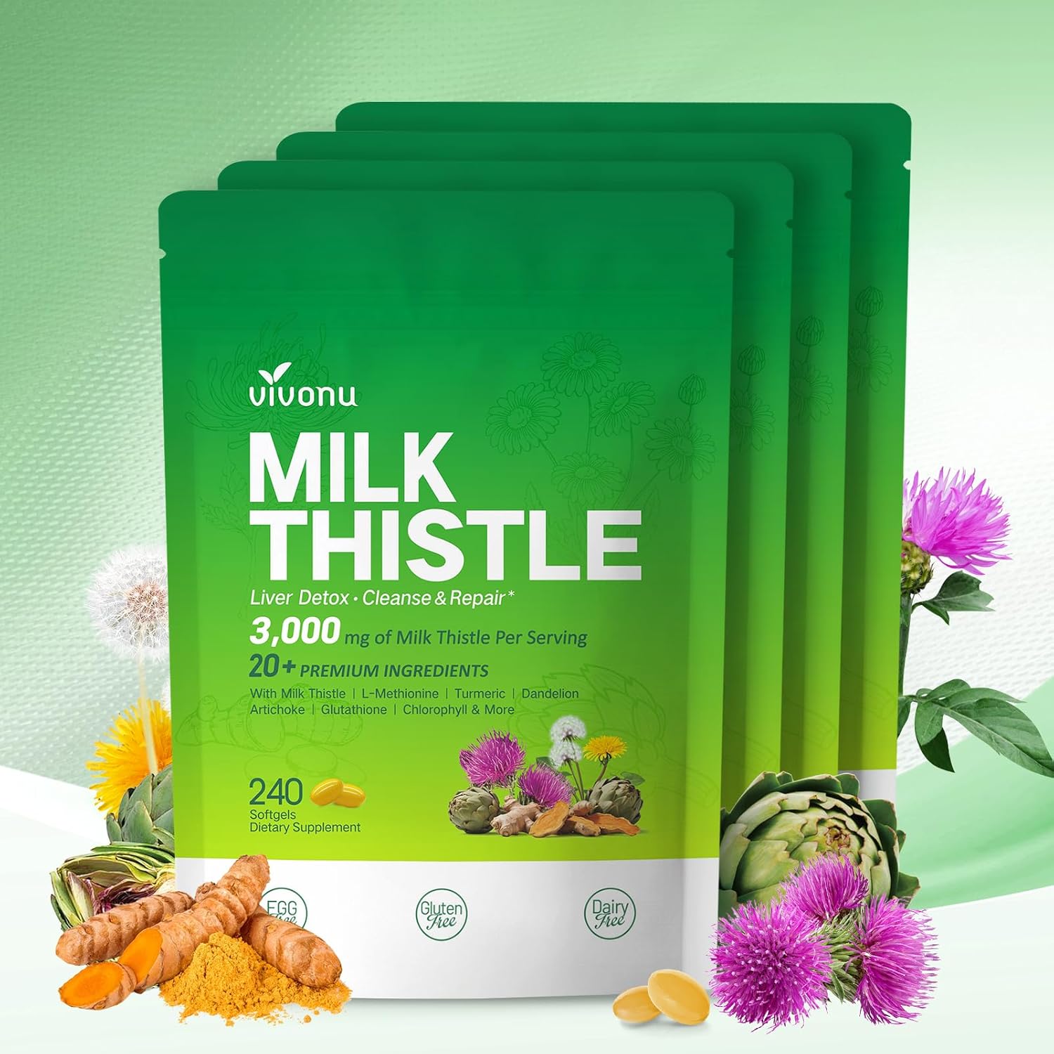 Milk Thistle Liver Detox Capsules, 3000mg Liver Cleanse Detox & Repair, 20-in-1 Advanced Support Complex with Milk Thistle, NAD, NAC, ALA, Dandelion,Glutathione, Artichoke, Turmeric, More, 4 Bag