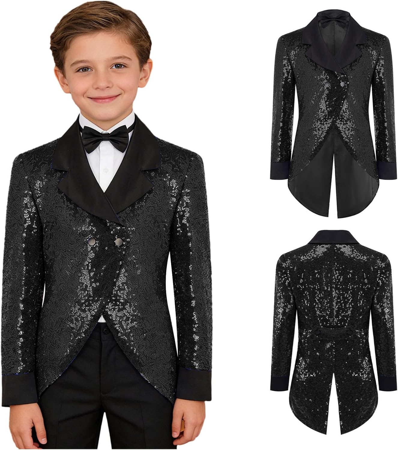 TiaoBug Boys Sequins Tailcoat Slim Fit Tuxedo Blazer for Kids Formal Jacket for Wedding Prom Casual