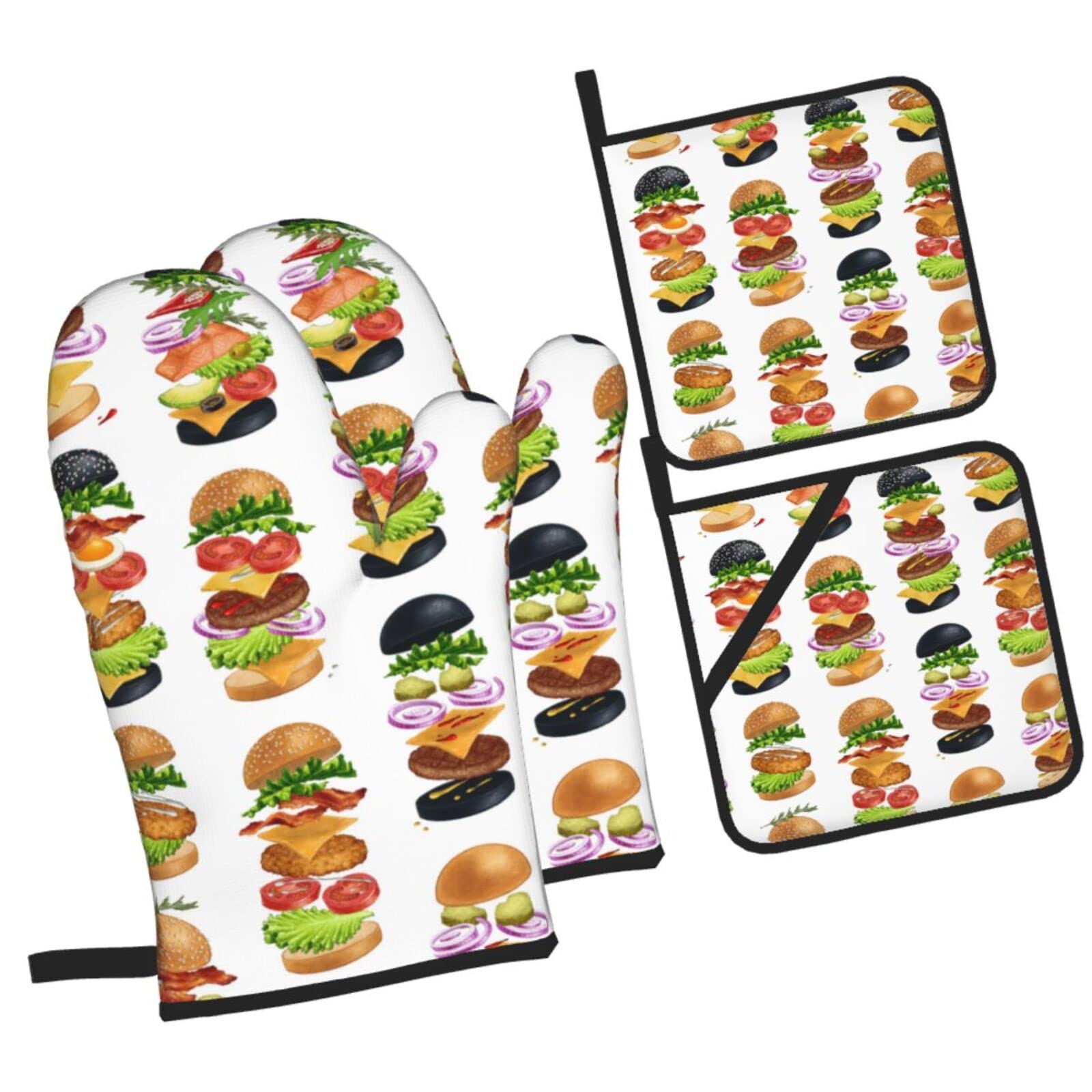 American Burger Seamless Pattern Oven Mitts and Pot Holders Sets, Christmas Oven Mitt Kitchen Heat Resistant Non-Slip Pot Holders Set for Cooking Baking BBQ