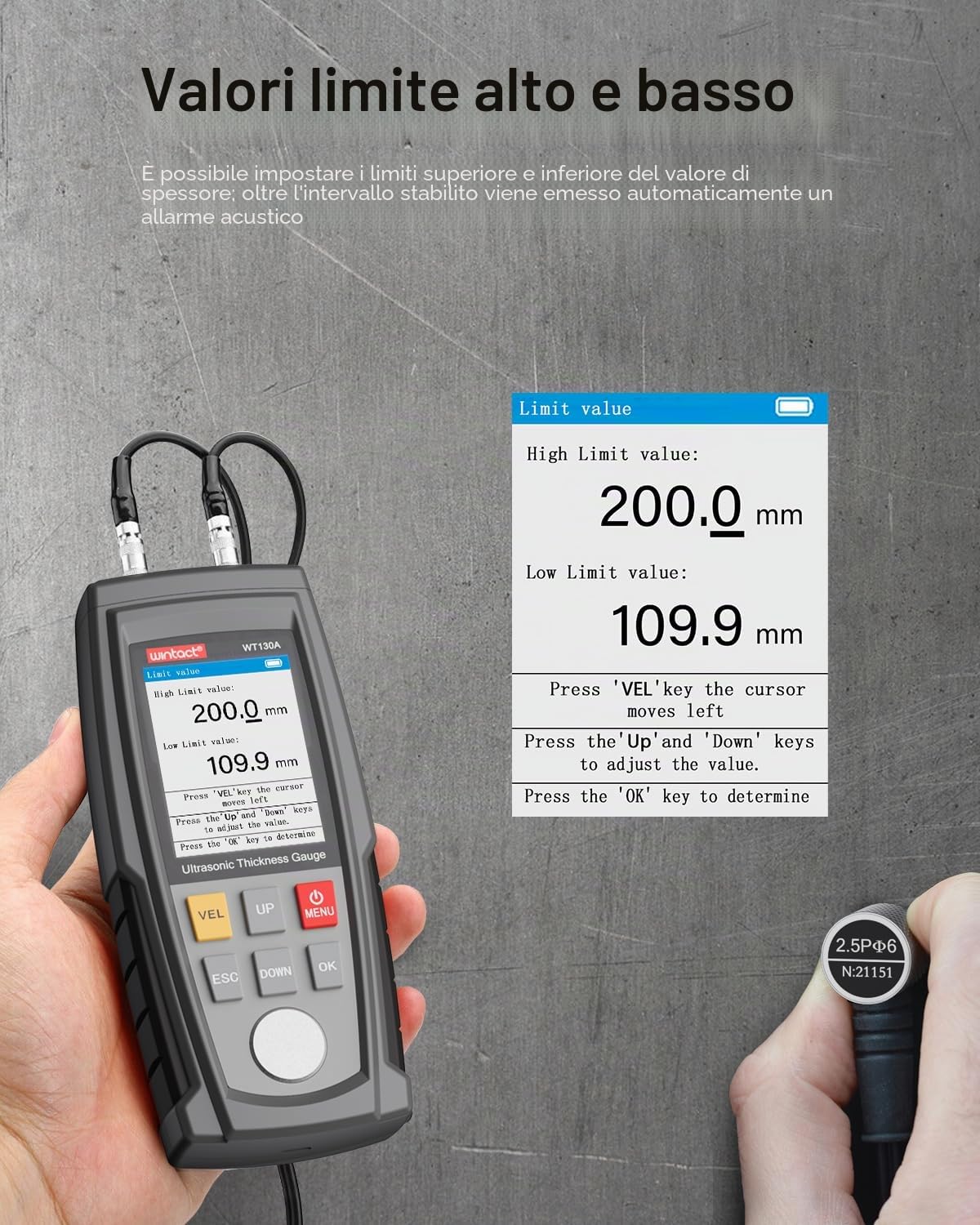 Wintact Spessimetro digitale a ultrasuoni, gamma da 0,039 a 30 cm, con sonda per misurare materiali metallici e non metallici, acciaio, argento, plastica, vetro, PVC, tubi