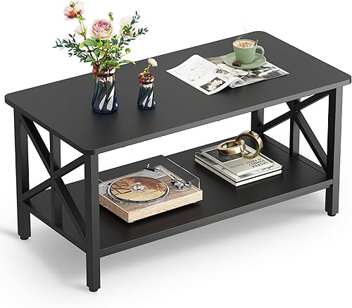 Miniatura 9 de WLIVE Mesa auxiliar para sala de estar, mesa central moderna de 2 niveles de 39 pulgadas con esquinas redondas, estante de almacenamiento, mesa de