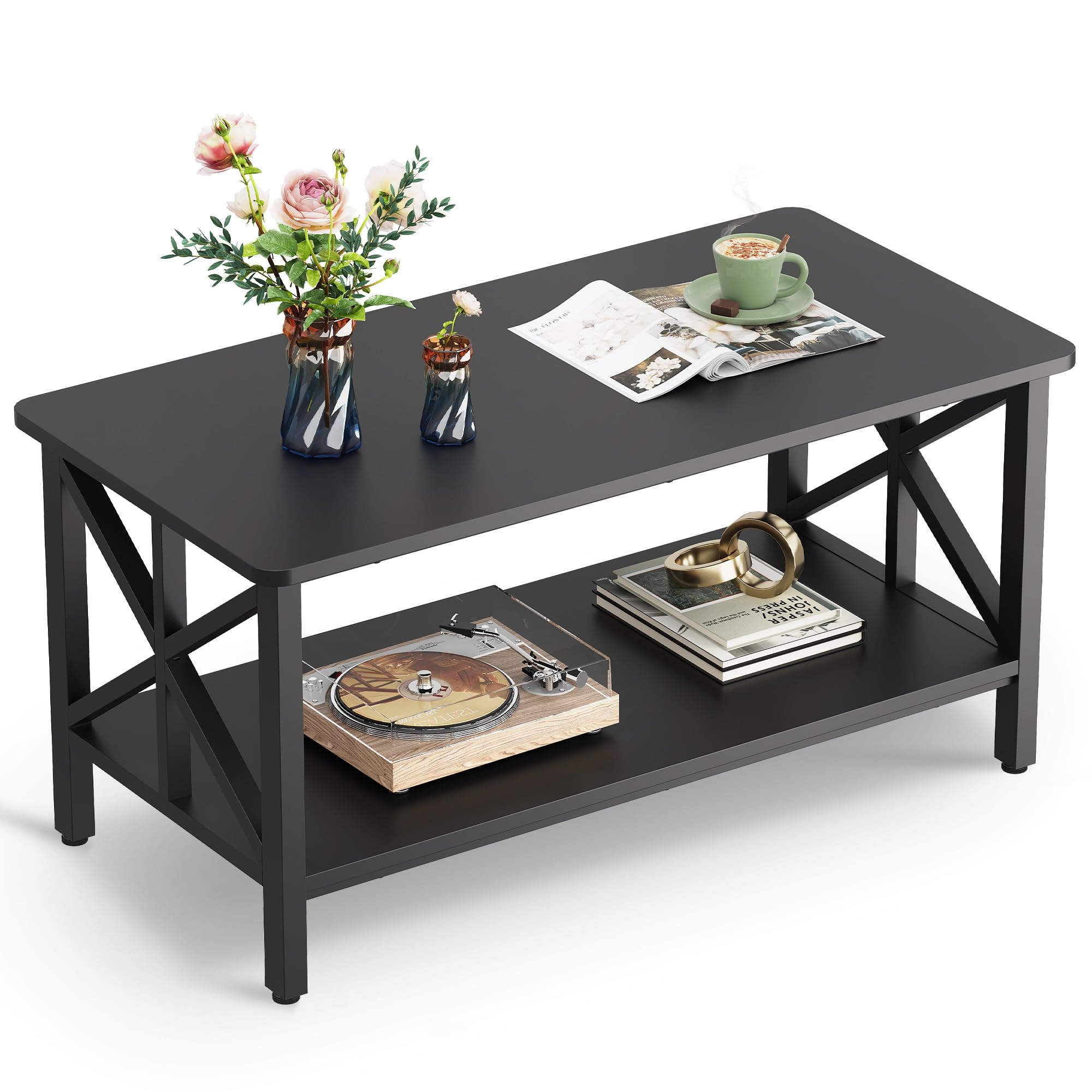 WLIVE Coffee Table for Living Room 39 Modern 2-Tier Center Table with Round Corners Storage Shelf Farmhouse Style