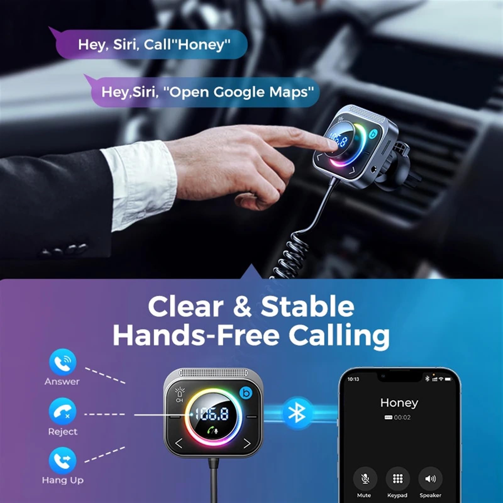Adaptador de Coche con Bluetooth 5.3 FM AUX, Bluetooth, instalación en la Rejilla de ventilación, Refuerzo de Graves, 3 Puertos, transmisor de FM con Bluetooth PD QC 3.0 for Coche