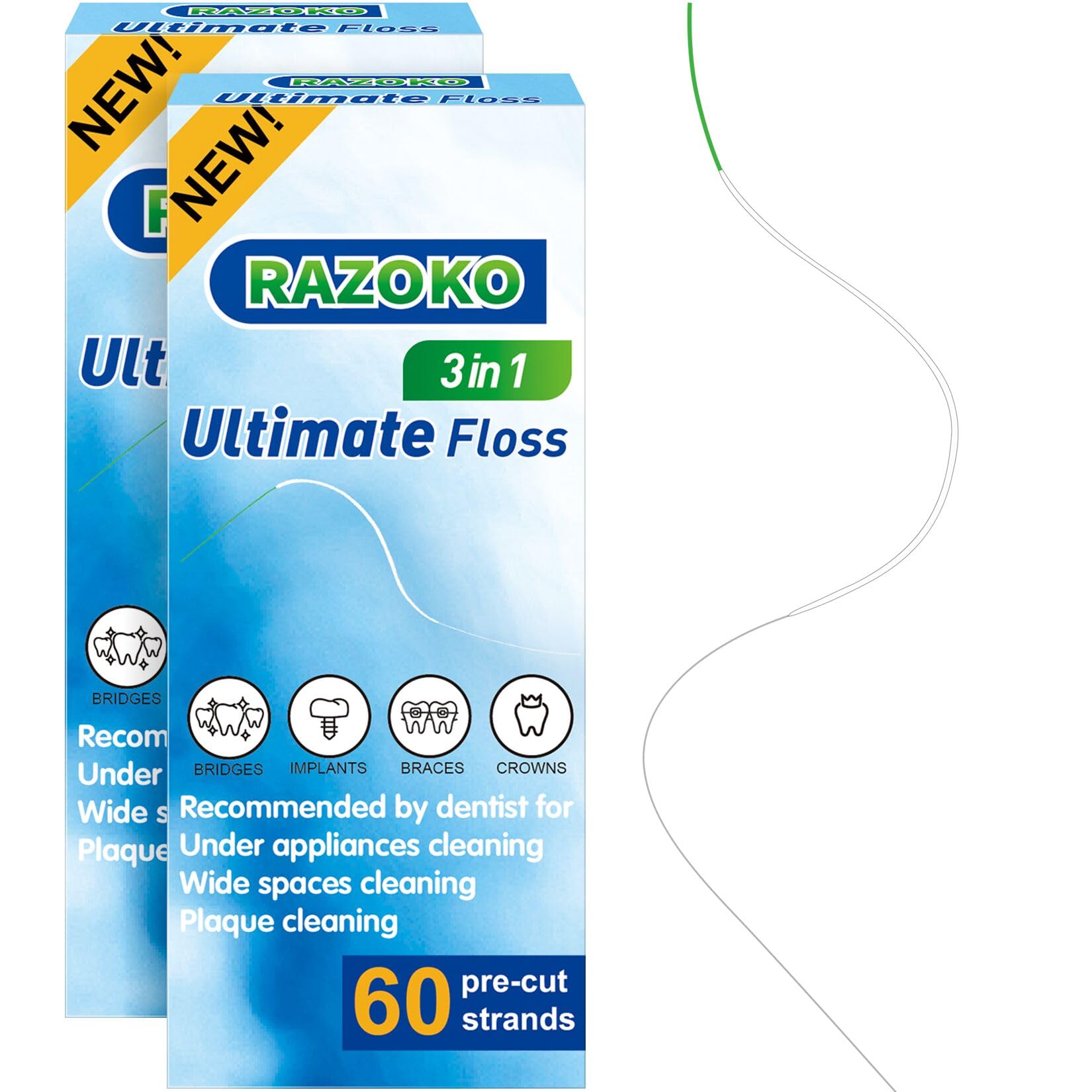 RAZOKO 3-in-1 Floss for Braces, 120 Pre-Cut Strands | Floss Threaders, Spongy & Regular Floss for Bridges & Wide Gaps