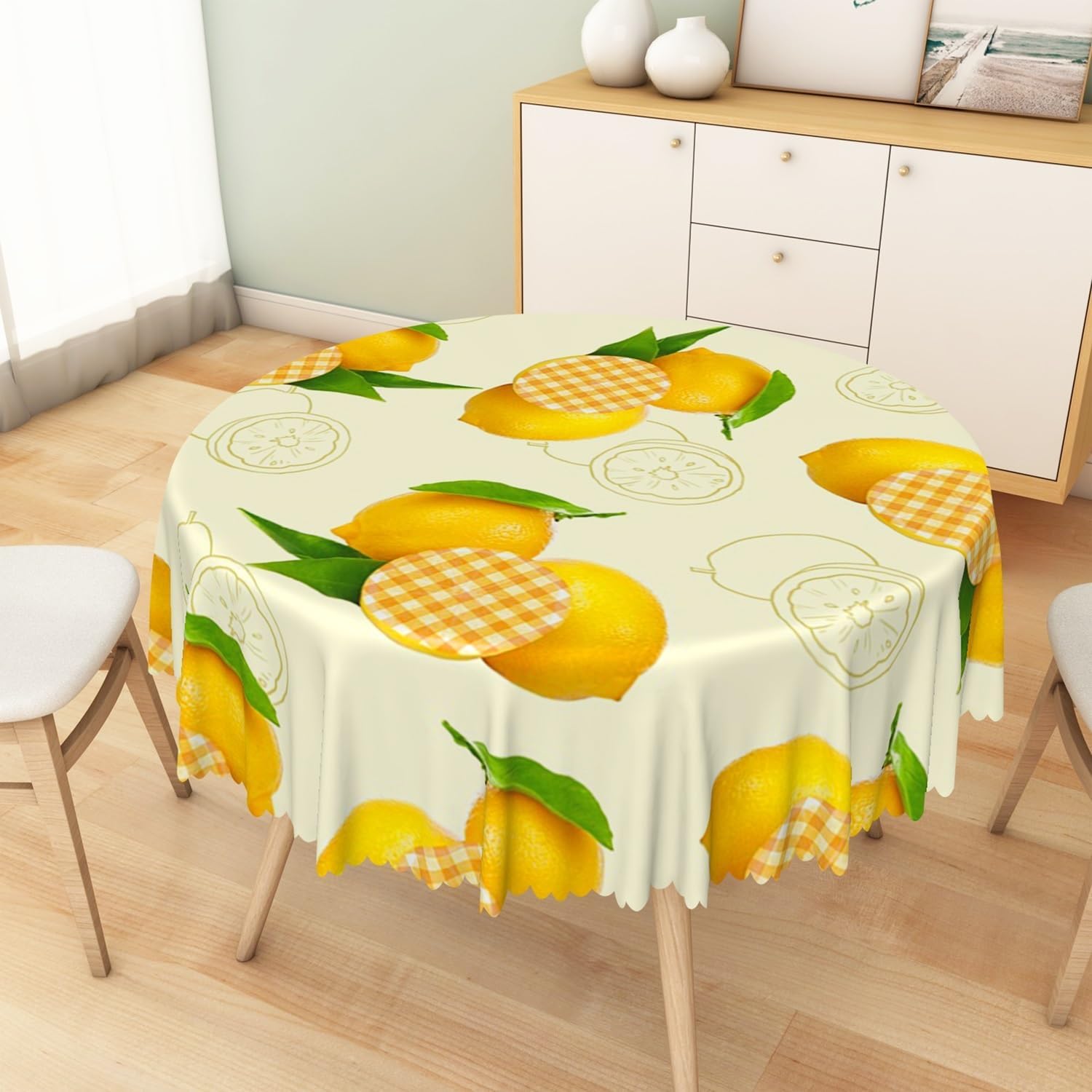 Lemon Round Tablecloth 70 Inch Summer Fruit Yellow Lemon Green Leaf Circular Table Cloth Waterproof Fabric Table Cover for Kitchen Dining Room Patio Home Decor BBQ Buffet Party Supplies