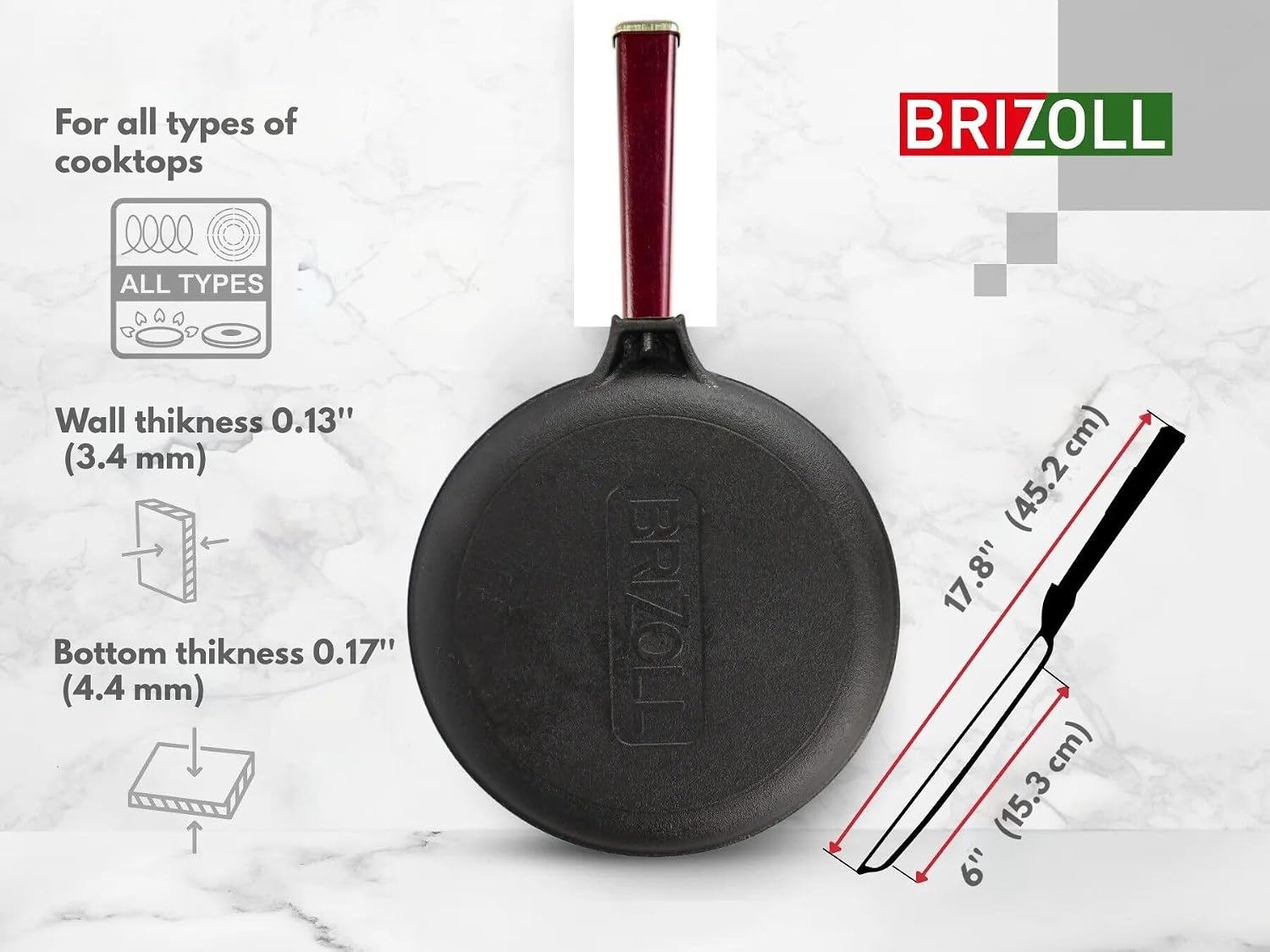 Cast Iron Crepe Pan Cast Iron Frying Pan For Pancakes with Removable Wooden Handle Cooking Pan for Omelette Dosa Pan (9.5')