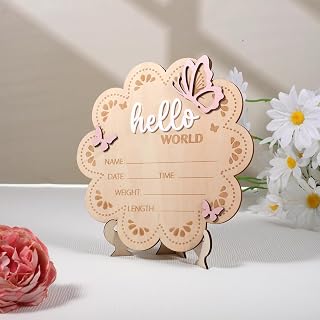 Personalized Hello World Newborn Sign - Wooden Flower Shape Butterfly Baby Announcement Sign, Hospital Photo Prop & Nursery Decor Keepsake for Baby Boy or Girl