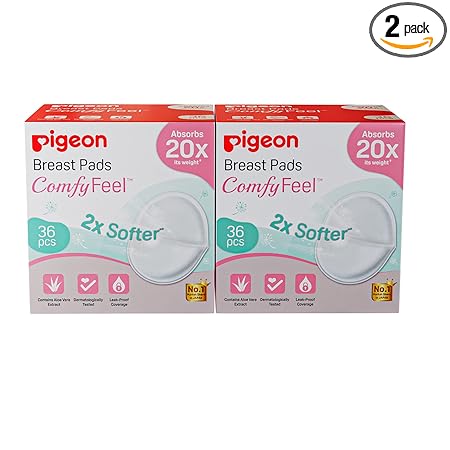 Pigeon Disposable Breast Pads,Comfy Feel,2X Softer,Gentle on Skin,Stay Dry All Day,Aloe Vera Extract,Dermatologically Test,Leak Proof Coverage,White,36 pcs, Pack of 2