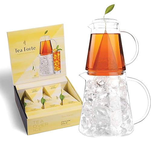Tea Forte Jarra de té sobre hielo + mezclas de infusor de té, infusores de té helado de Ceilán dorado (5 unidades) + juego de jarra de vidrio para