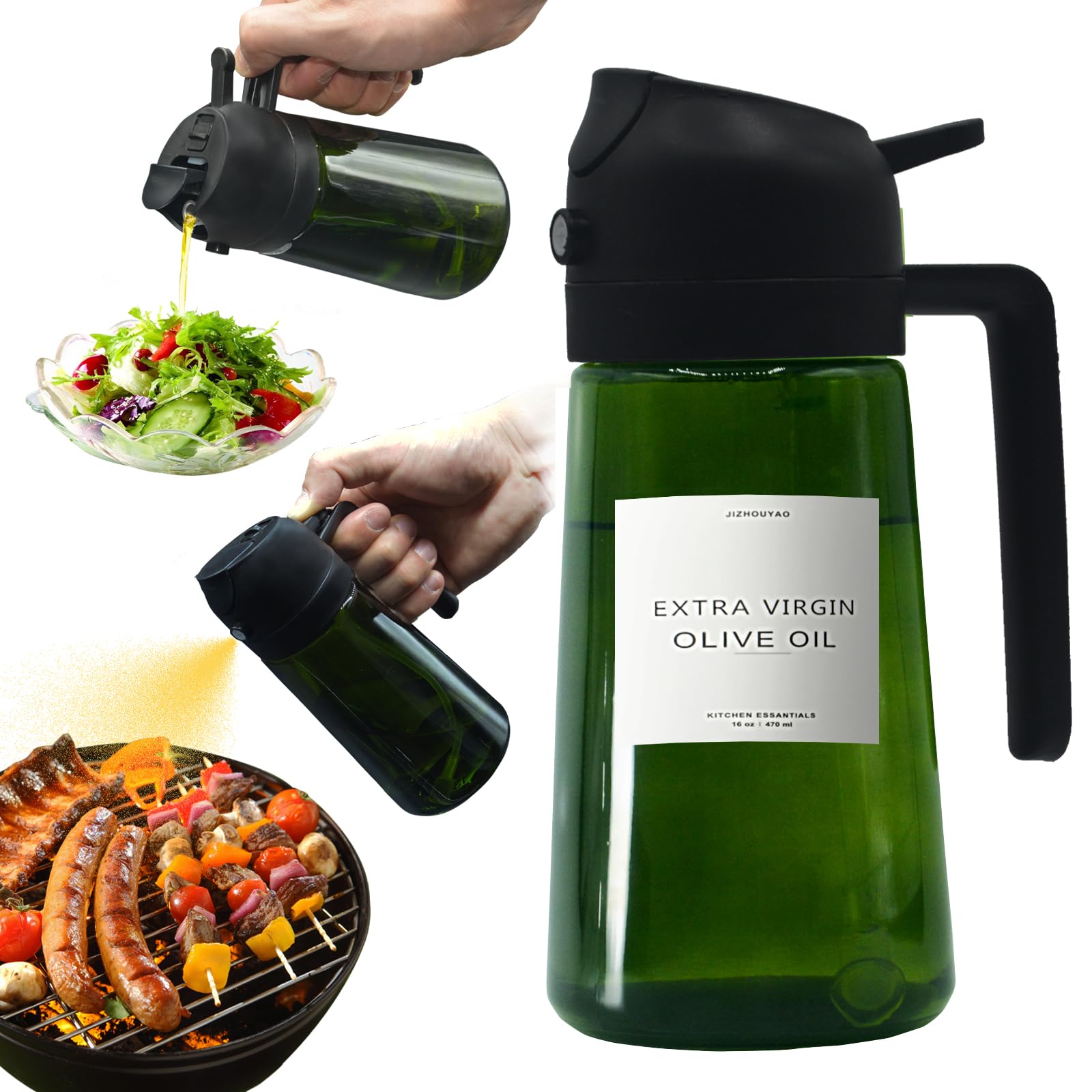 JIZHOUYAO 16oz/470ml Oil Sprayer Bottle for Cooking, 2-in-1 Olive Oil Sprayer Leakproof Design for Air Fryer, BBQ with Stickers (Light Blockage) (Black)