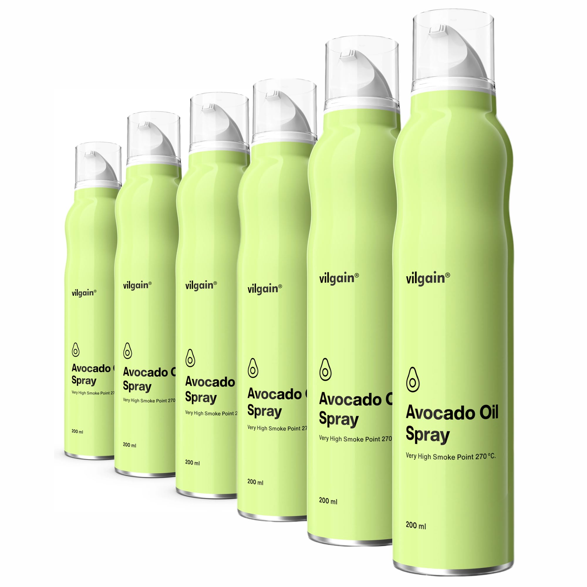 Vilgain Avocadoöl Spray (6x200 ml) Kochspray – Natürliches Avocado Öl Zum Braten & Backen, Reich An Ungesättigten Fettsäuren, Hitzebeständiges Speiseöl Spray Ohne Zusätze Für Die Gesunde Küche