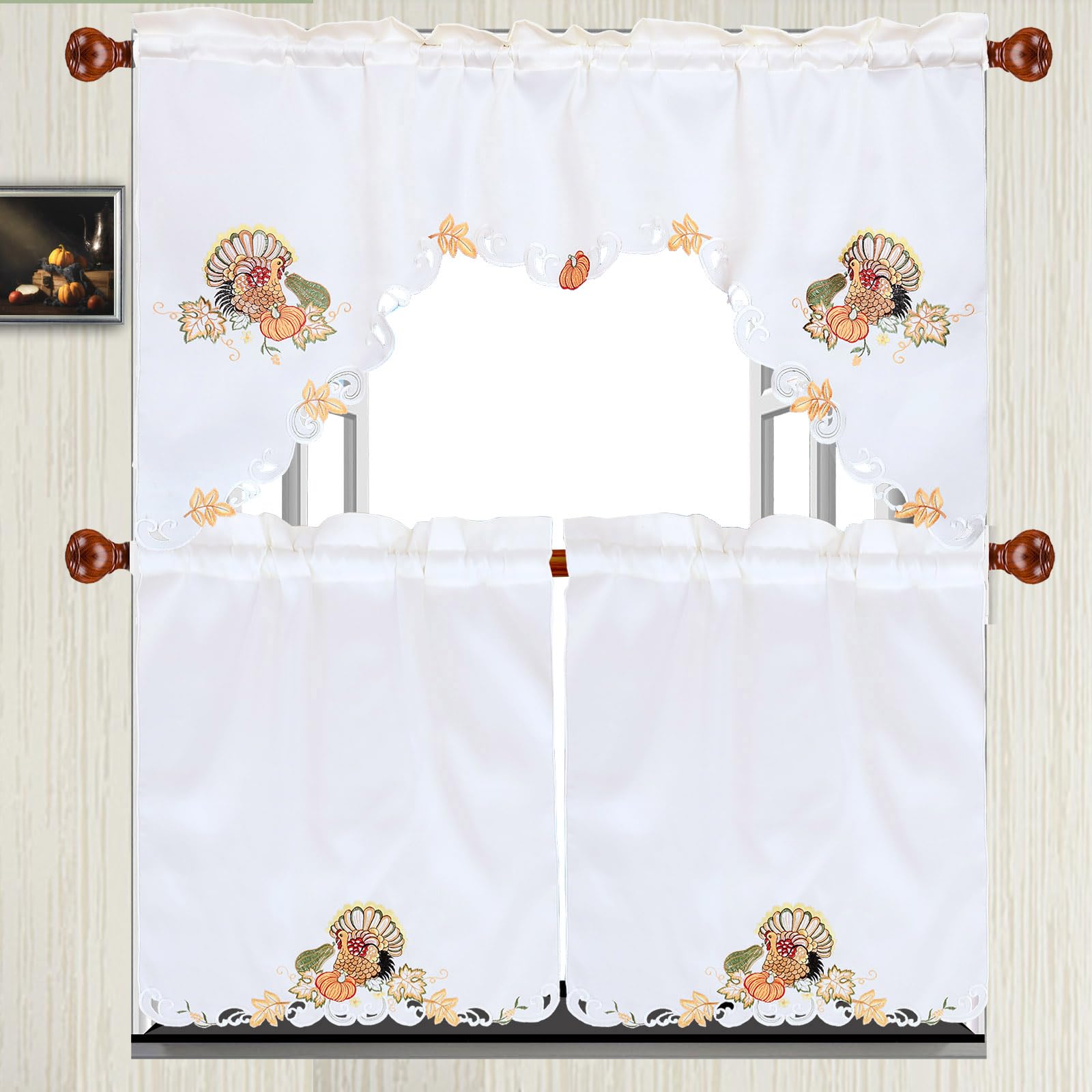 Simhomsen Fall Autumn Embroidered Turkey Kitchen Window Curtain Swag and Tiers Set for Thanksgiving Holiday (Turkeys)