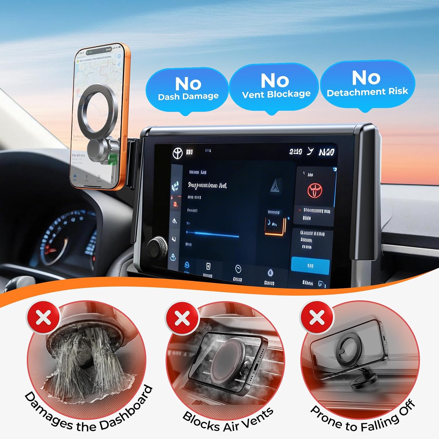 Car Phone Holder for Toyota RAV4 2025 2024 2023 2022 2021 2020 2019 7/8-Inch (Not for 9/10.5-Inch) 360° Rotation Magnetic Cell Phone Mount, Compatible with Magsafe, Does Not Affect Air Vent