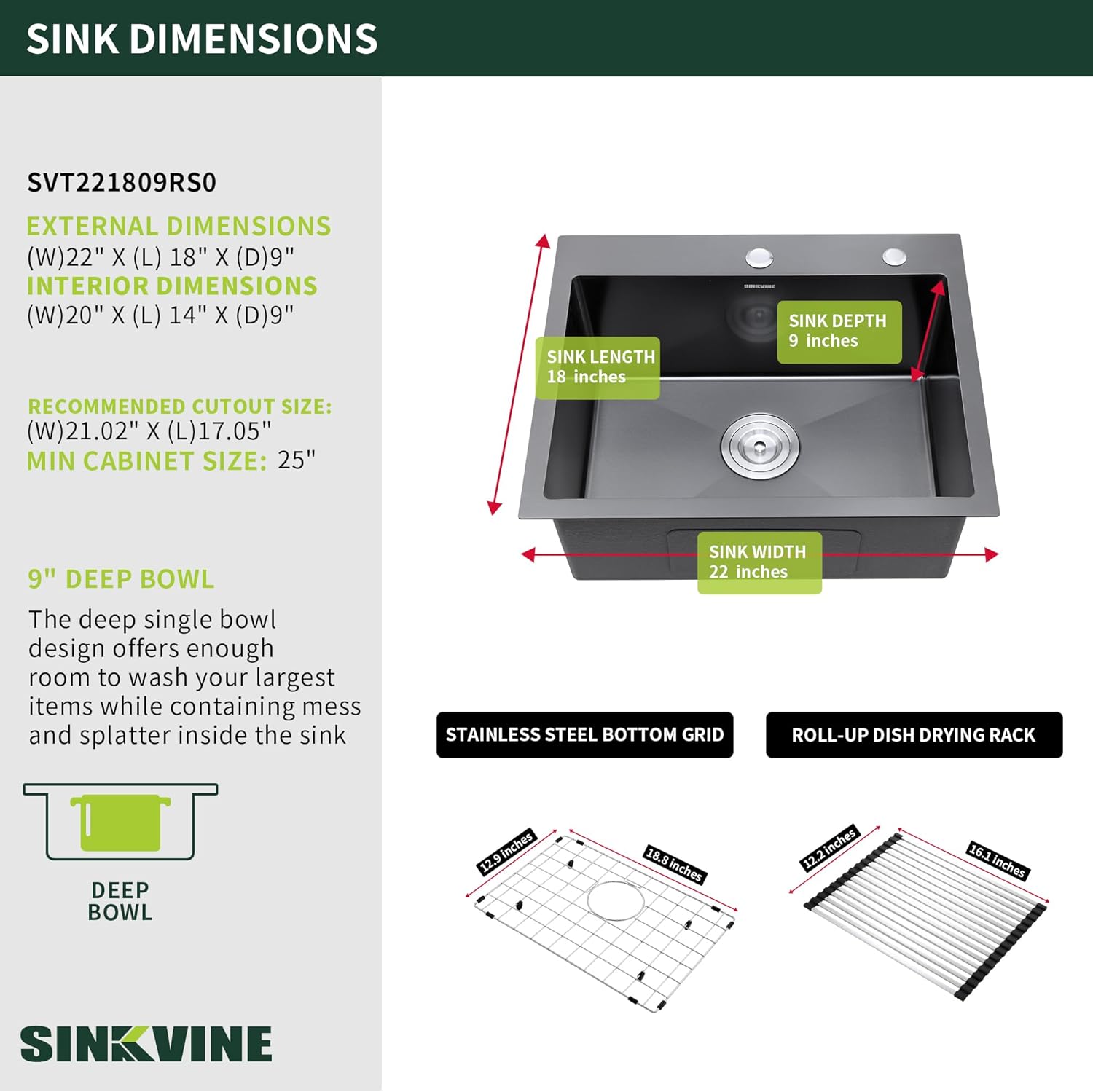 Black Kitchen Sink Drop-In 22 x 18 inch, SINKVINE PVD Nano Stainless Steel Bar Sink Outdoor, Top Mount Deep Single Bowl RV Laundry Basin, w/Drain Strainer, Bottom Grid, Roll-up Drying Unit, Dark Gray