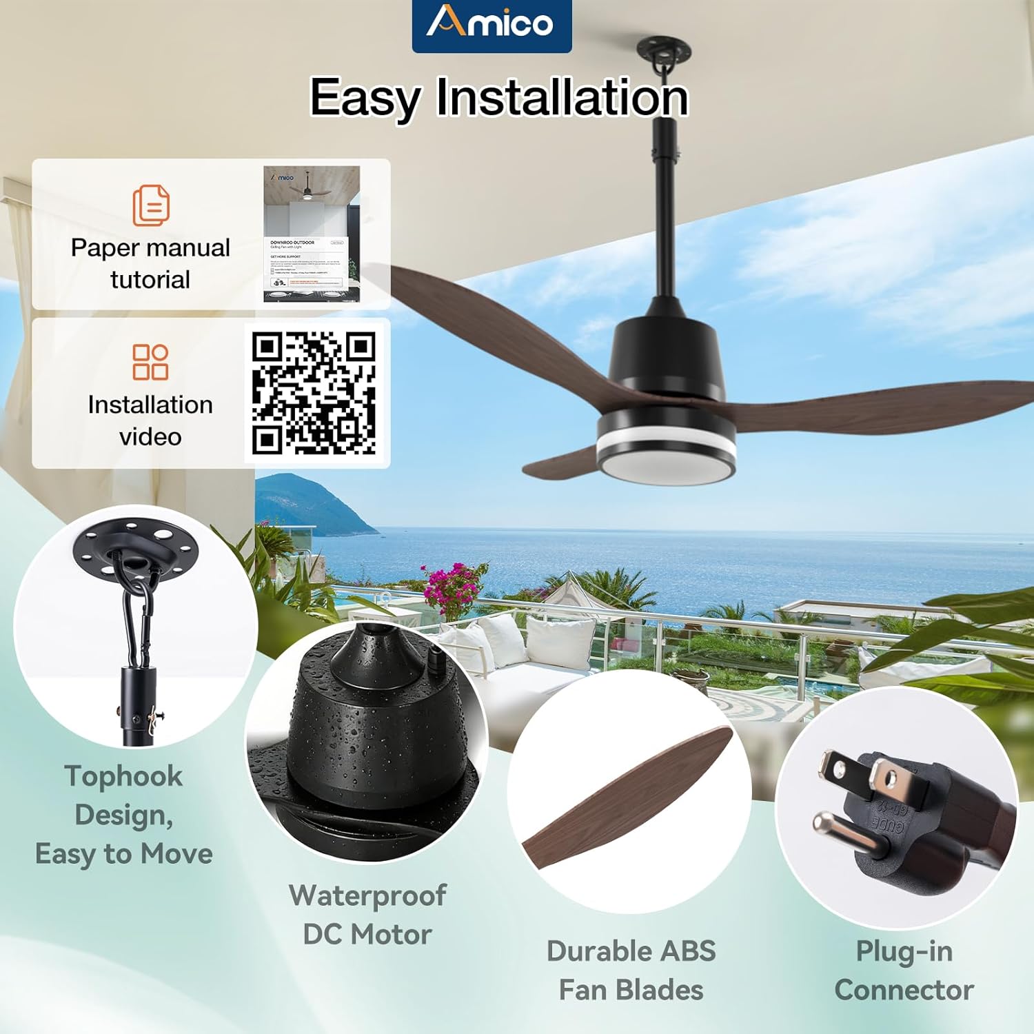 Amico 42 Inch Outdoor Ceiling Fans with Lights for Patios, IP65 Waterproof Gazebo Fan Remote Control,3CCT, 6 Speeds, Hook Hanging Plug in Ceiling Fan for Patio Porch Pergola Garage Canopy (Woodgrain)