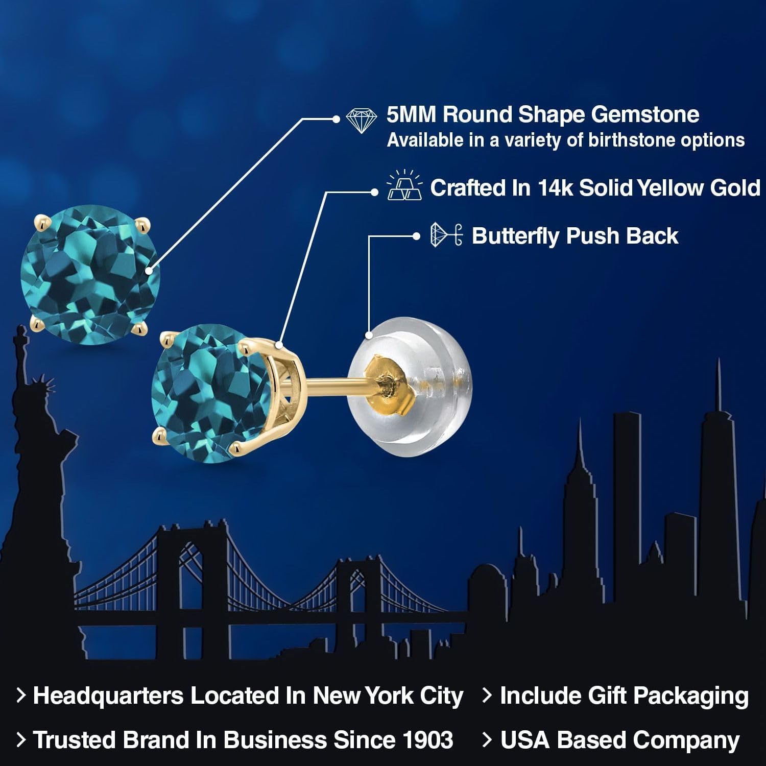 Gem Stone King 14K Yellow Gold Round 5MM Gemstone Birthstone Stud Earrings | Gold Earrings For Women Men