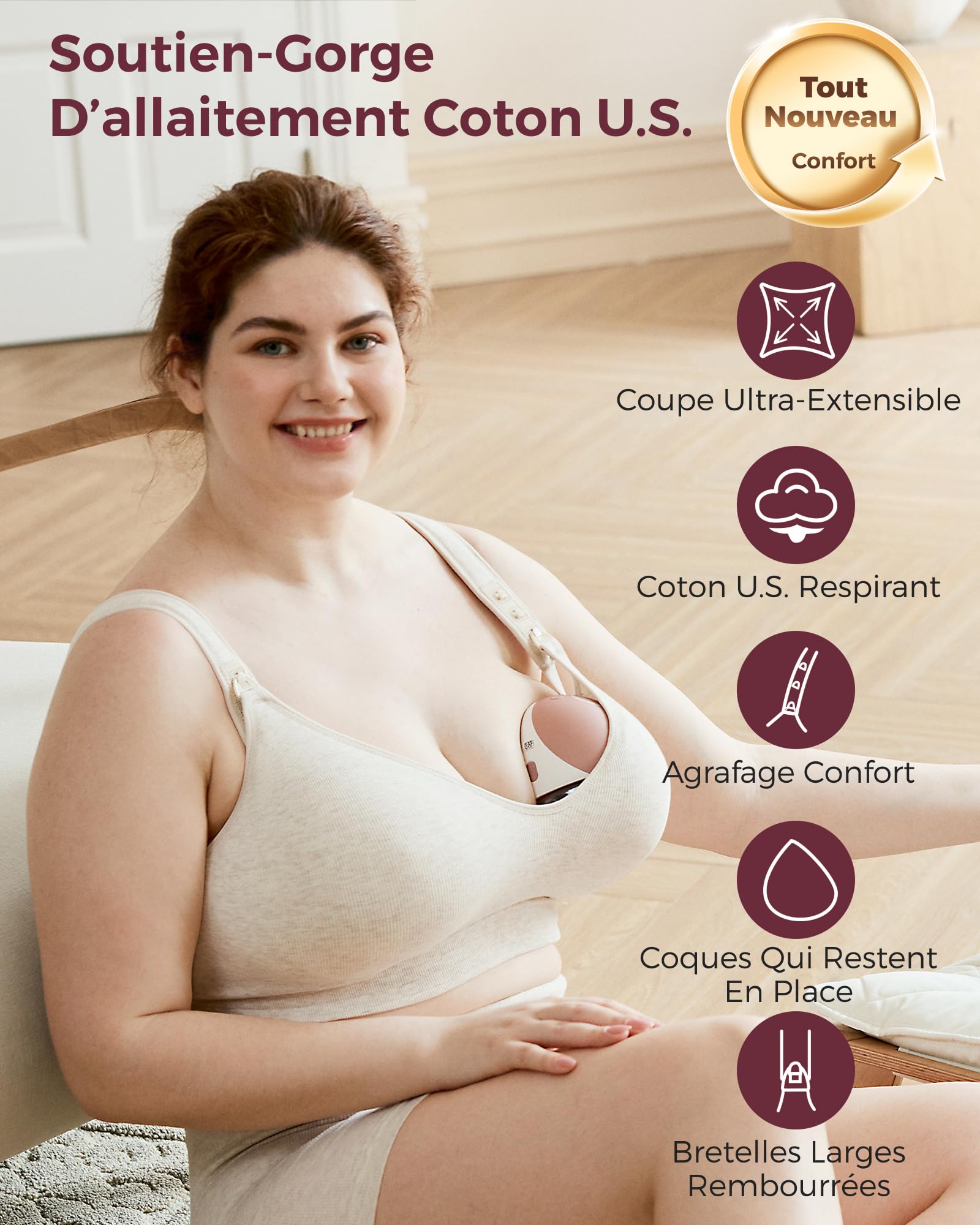 Momcozy Soutien-gorge d'allaitement en coton sans armatures avec rembourrage fixe, coupe sur toute la surface, réglable