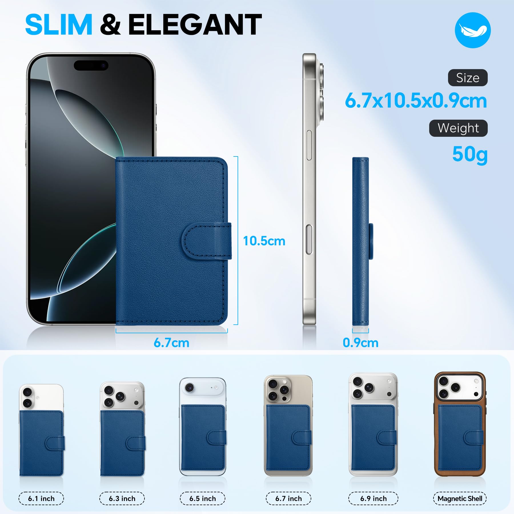Shieldon Titulaire de la Carte en Cuir Véritable, Porte-Cartes Adhésifs, Portefeuille Magnétique Amovible pour iPhone 17/16/15/14/13/12 – Nappa Bleu Royal