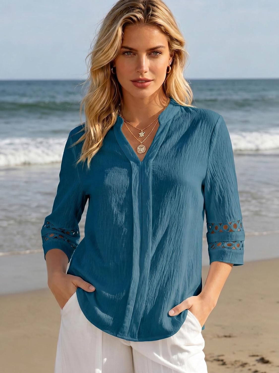 Funlingo 3/4 Length Sleeve Womens Tops V Neck Pleated Dressy Casual Blouses image 2